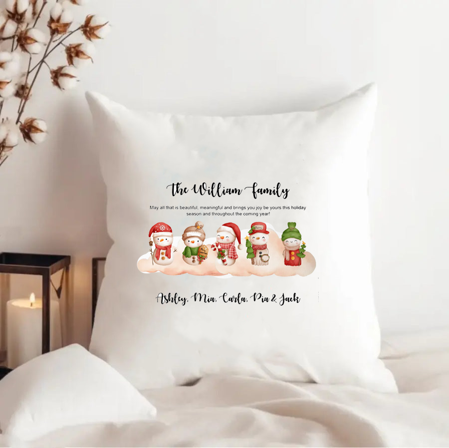 Personalized Family Snowman Christmas Pillow .