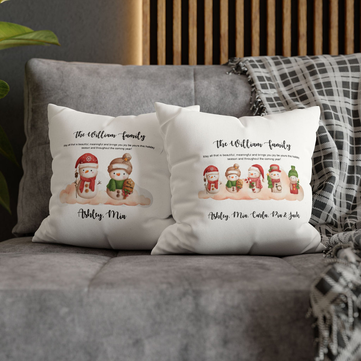 Personalized Family Snowman Christmas Pillow .